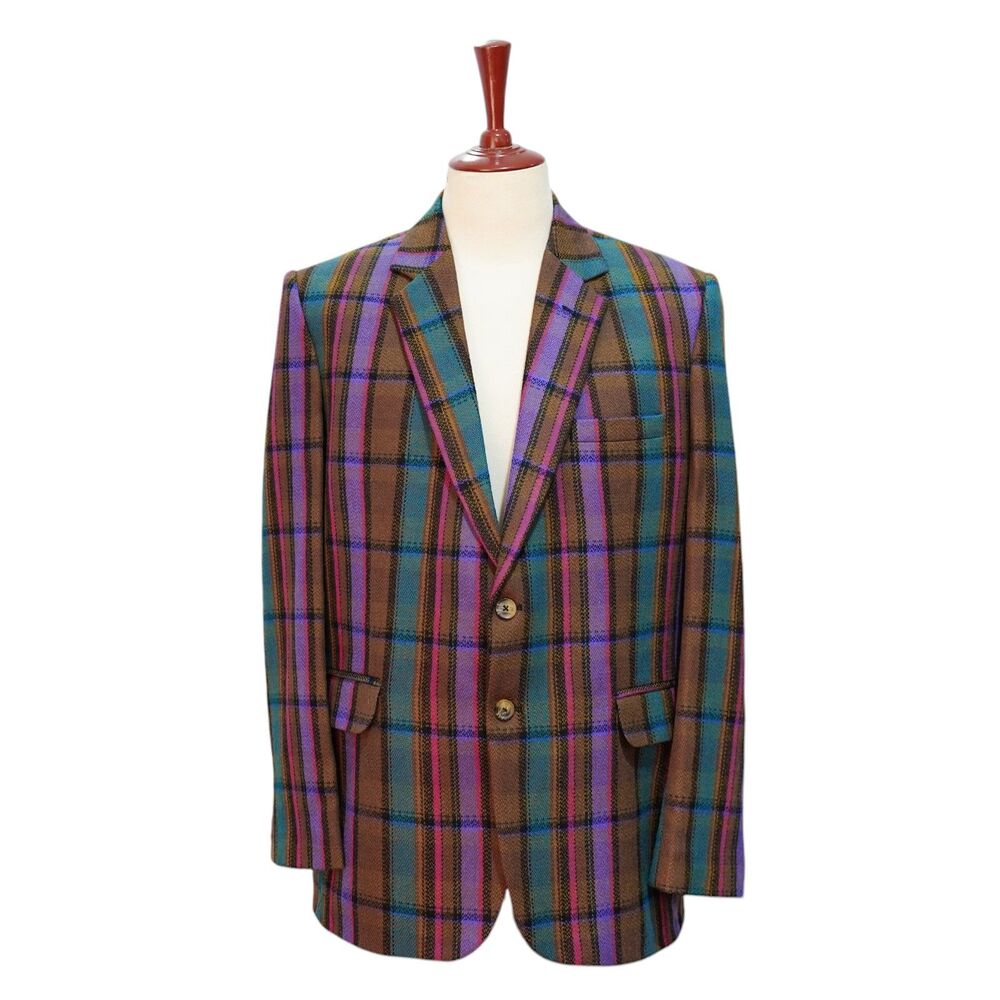 Mens Wool Sport Coat 44R Brown Teal Purple Plaid Blazer 2 Button Formal Wedding